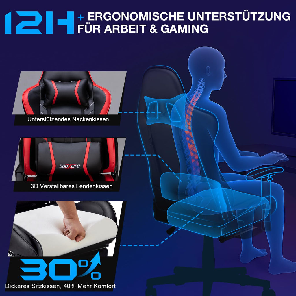 Douxlife Gaming Stuhl, mit 7 Punkt Massage, Fußstütze, Ergonomischer 180KG Bürostuhl, 90-175° Rückenlehne Einstellbar, Verstellbare Armlehne, Schreibtischstuh für Erwachsener, Schwarz Weiß