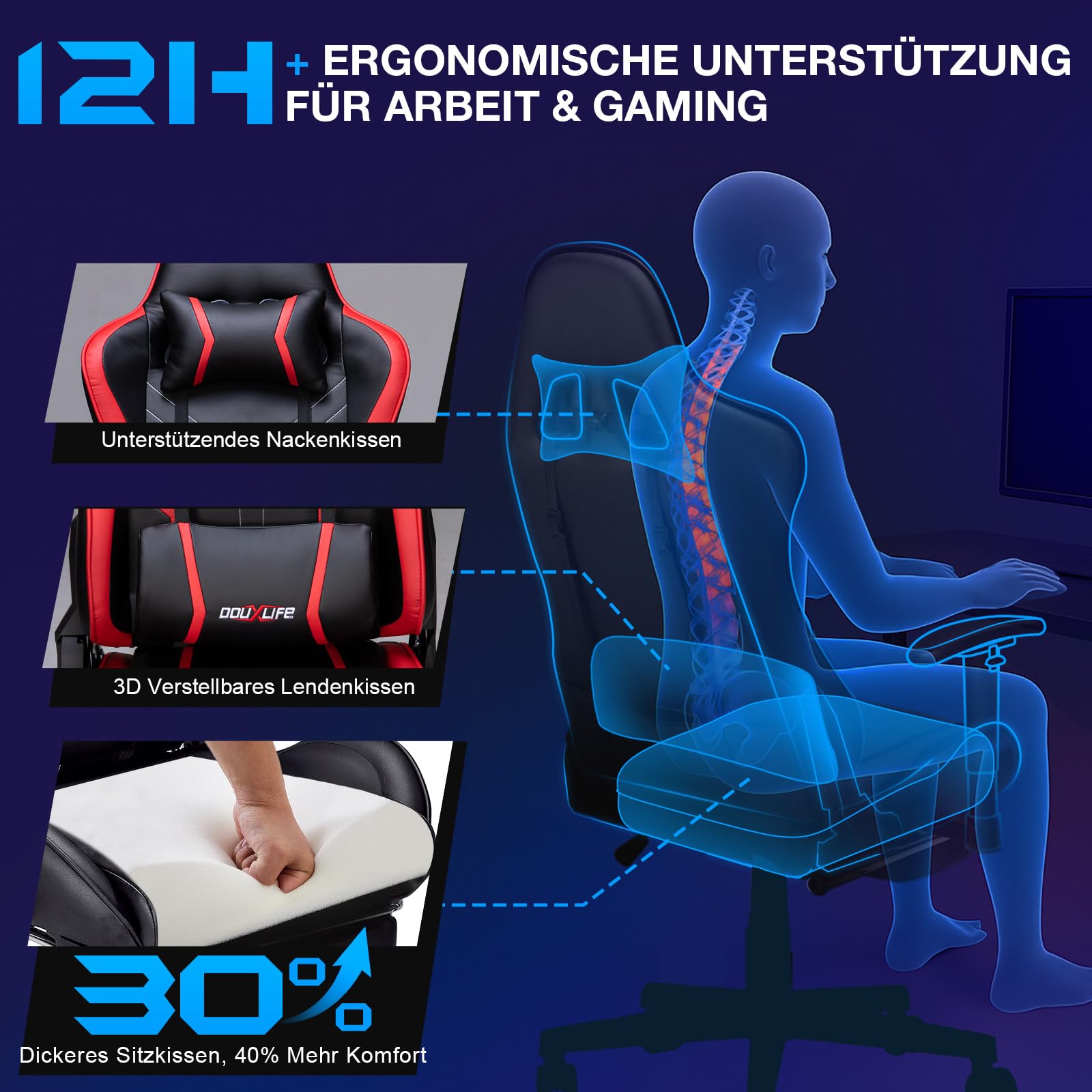 Douxlife Gaming Stuhl, mit 7 Punkt Massage, Fußstütze, Ergonomischer 180KG Bürostuhl, 90-175° Rückenlehne Einstellbar, Verstellbare Armlehne, Schreibtischstuh für Erwachsener, Schwarz Weiß