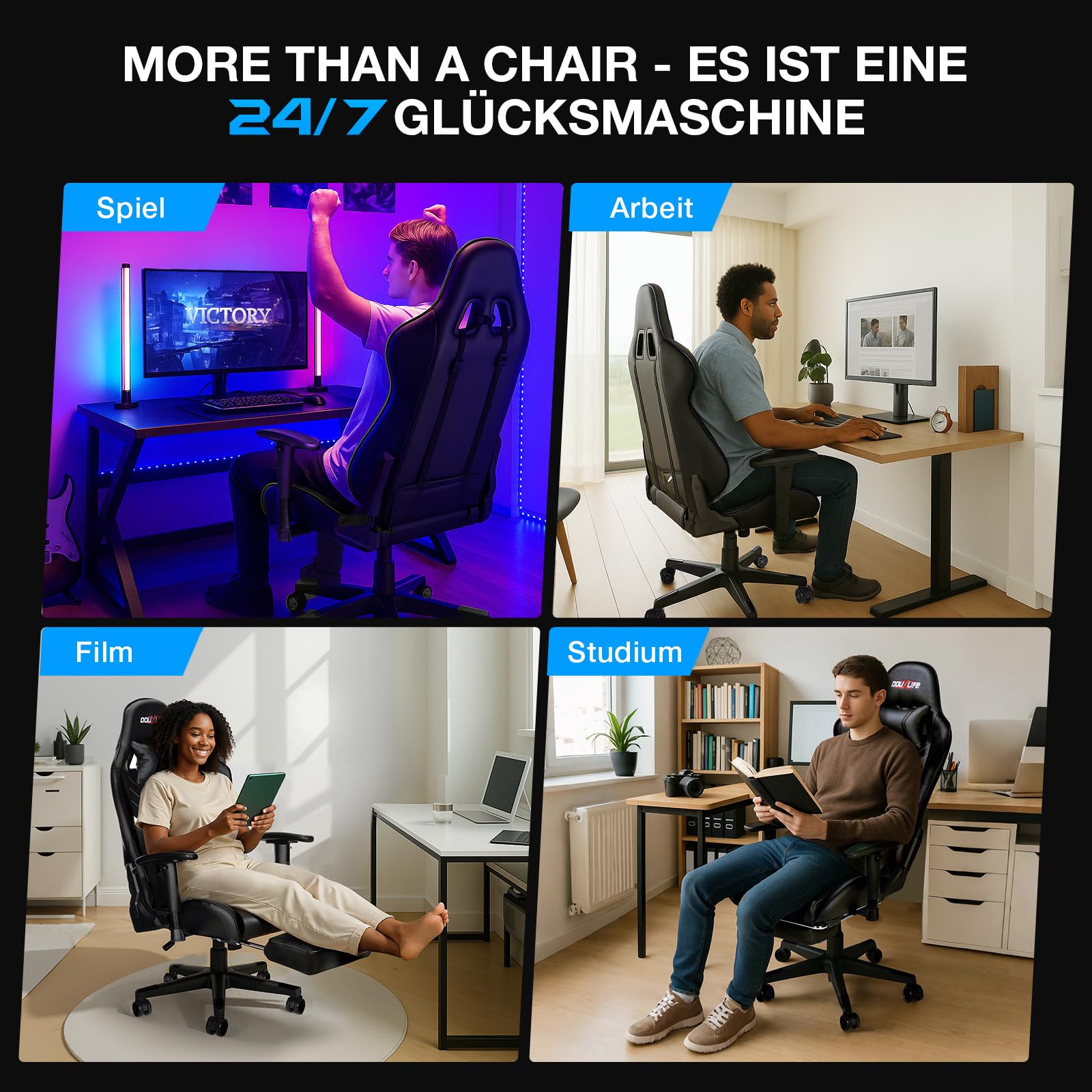 Douxlife Gaming Stuhl, mit 7 Punkt Massage, Fußstütze, Ergonomischer 180KG Bürostuhl, 90-175° Rückenlehne Einstellbar, Verstellbare Armlehne, Schreibtischstuh für Erwachsener, Schwarz Weiß