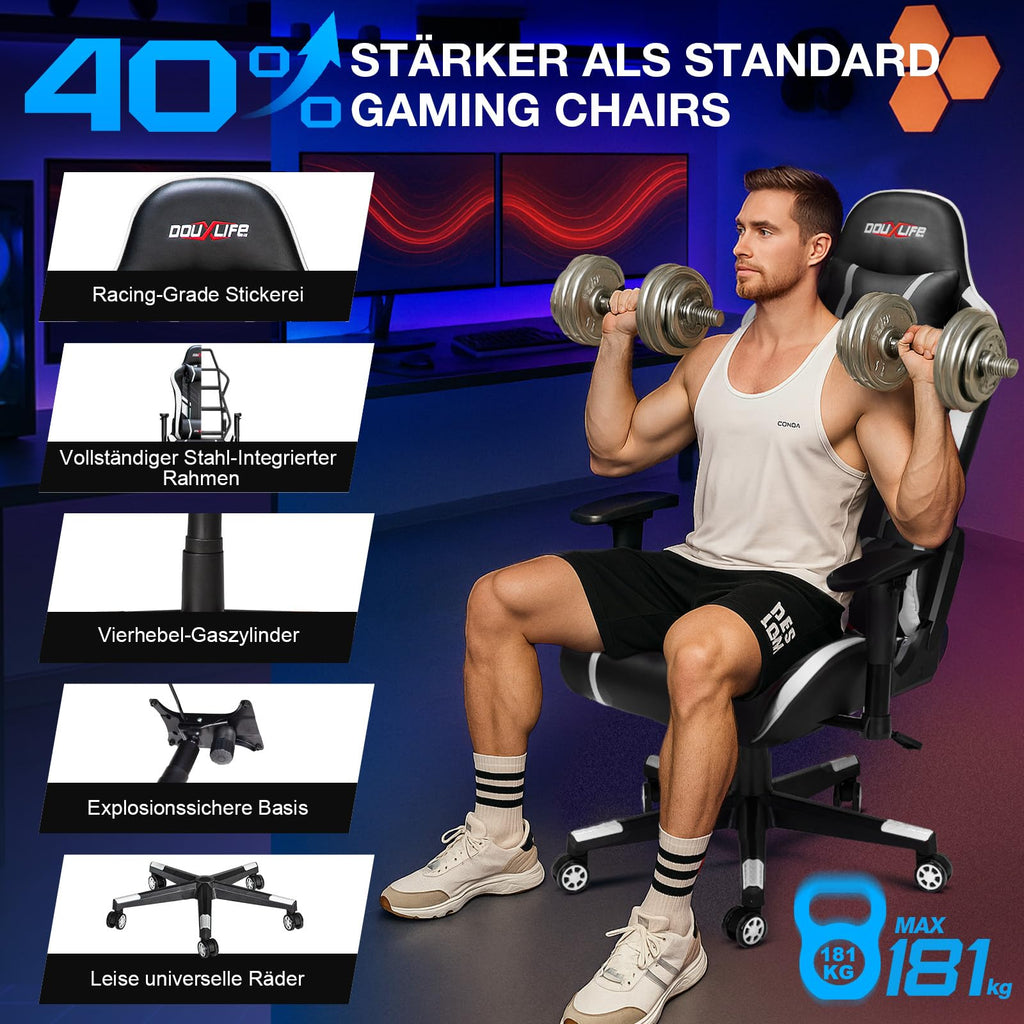 Douxlife Gaming Stuhl, mit 7 Punkt Massage, Fußstütze, Ergonomischer 180KG Bürostuhl, 90-175° Rückenlehne Einstellbar, Verstellbare Armlehne, Schreibtischstuh für Erwachsener, Schwarz Weiß