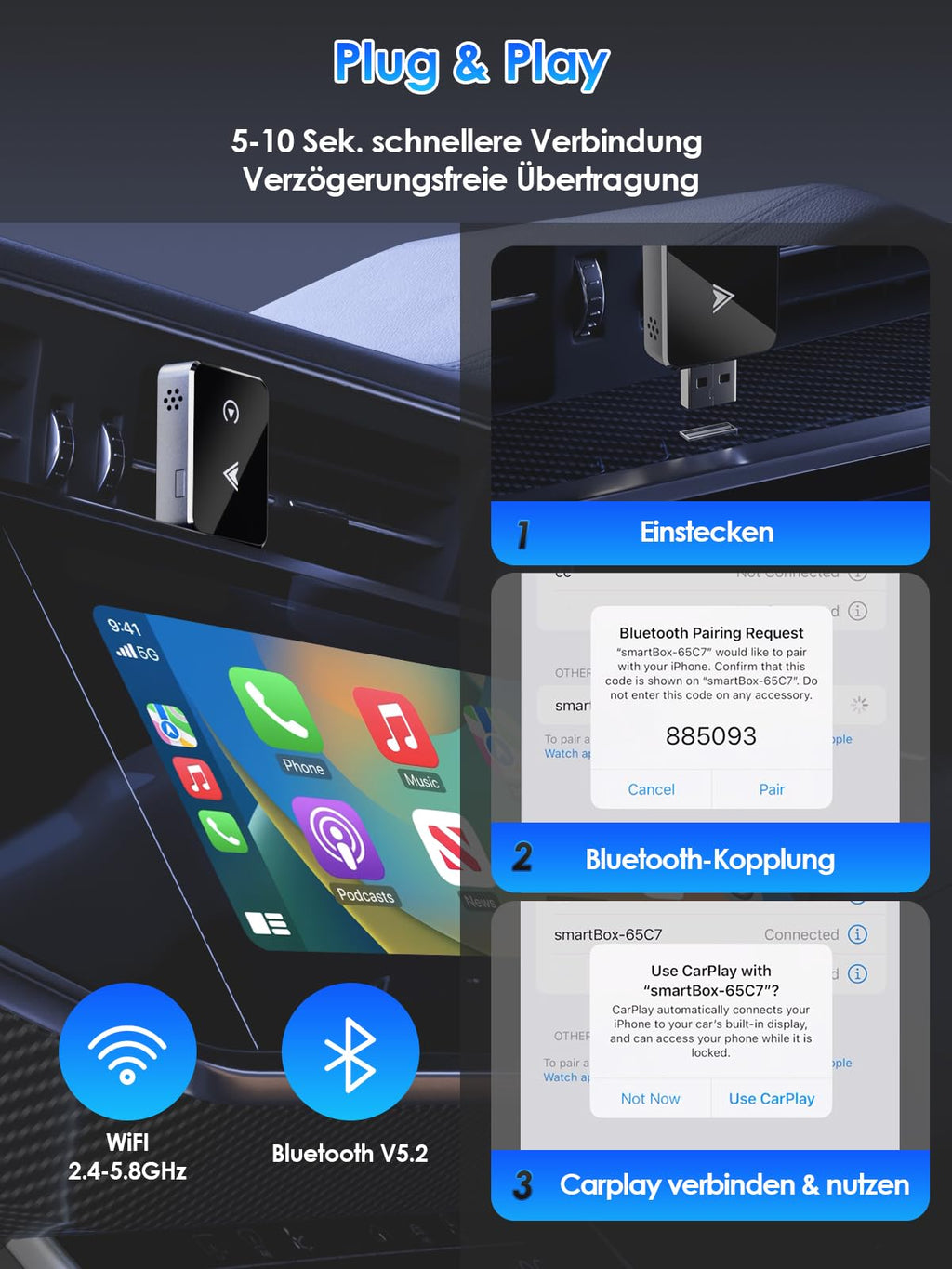 Wireless Adapter 2-in-1 für CarPlay/Android Auto, PARPAT Umwandlung von Kabelgebunden zu Kabellos mit USB/Type-C, Stabile Verbindung und Keine Verzögerung, Kompatibel mit iPhone/Android