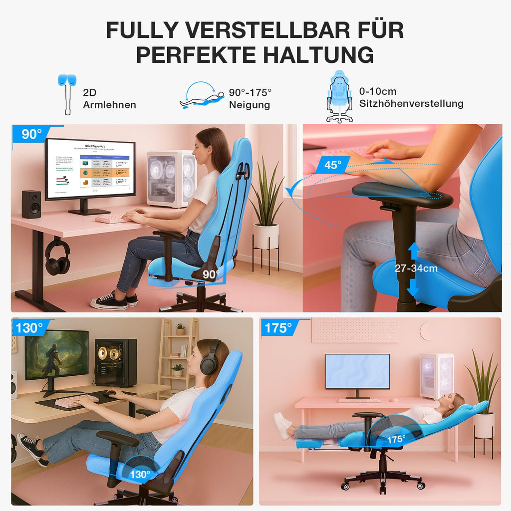 Douxlife Gaming Stuhl, mit 7 Punkt Massage, Fußstütze, Ergonomischer 180KG Bürostuhl, 90-175° Rückenlehne Einstellbar, Verstellbare Armlehne, Schreibtischstuh für Erwachsener, Schwarz Weiß