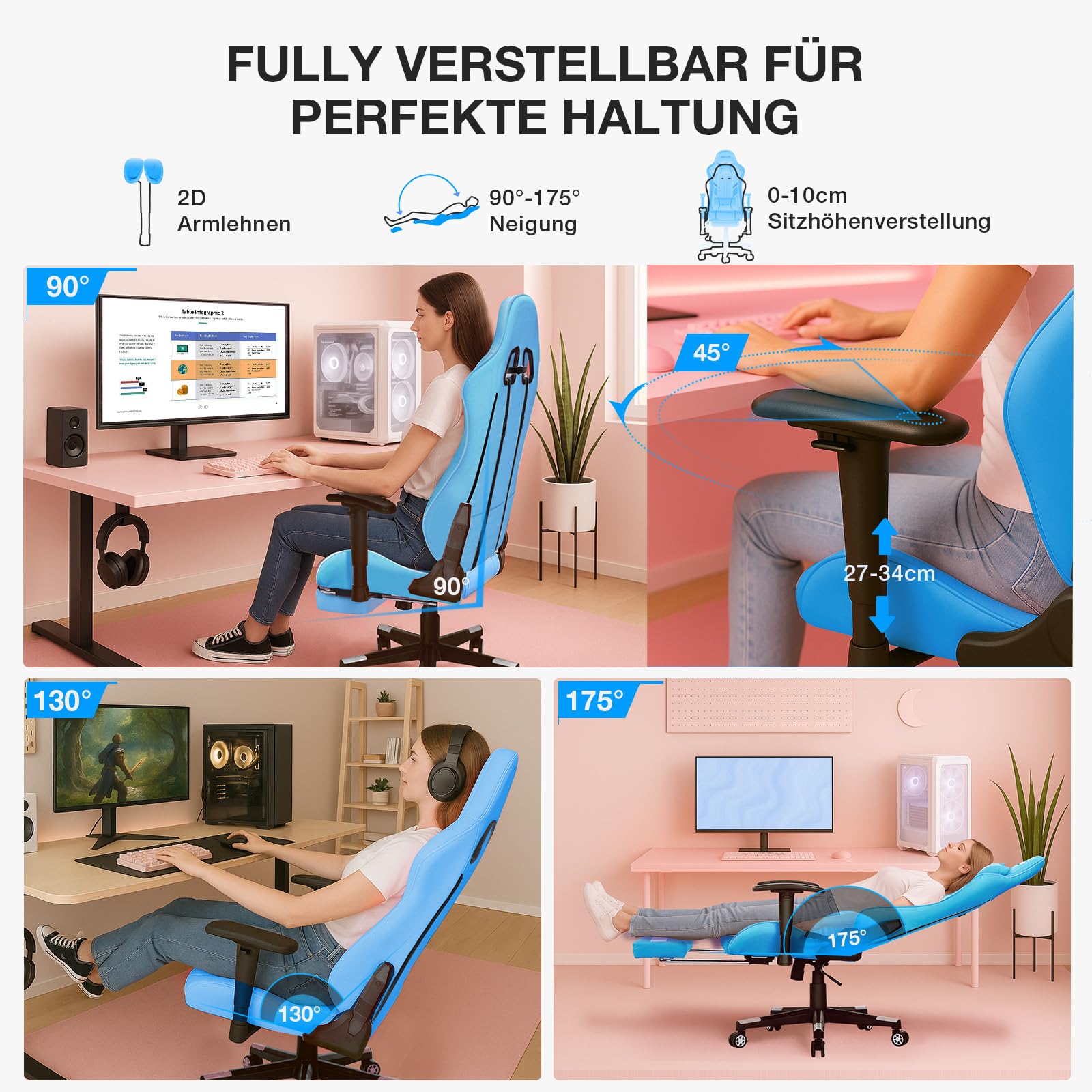 Douxlife Gaming Stuhl, mit 7 Punkt Massage, Fußstütze, Ergonomischer 180KG Bürostuhl, 90-175° Rückenlehne Einstellbar, Verstellbare Armlehne, Schreibtischstuh für Erwachsener, Schwarz Weiß