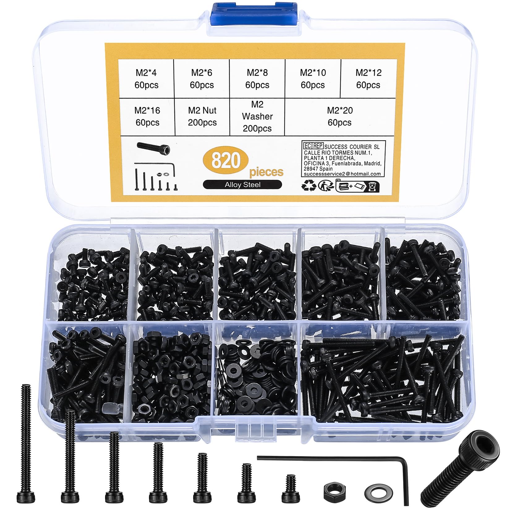 410 Stück M2 Senkkopf-Innensechskantschrauben, 10,9-Kohlenstoffstahl Vollgewinde-Maschinenschrauben, Muttern und Unterlegscheiben Sortiment mit Inbusschlüsseln