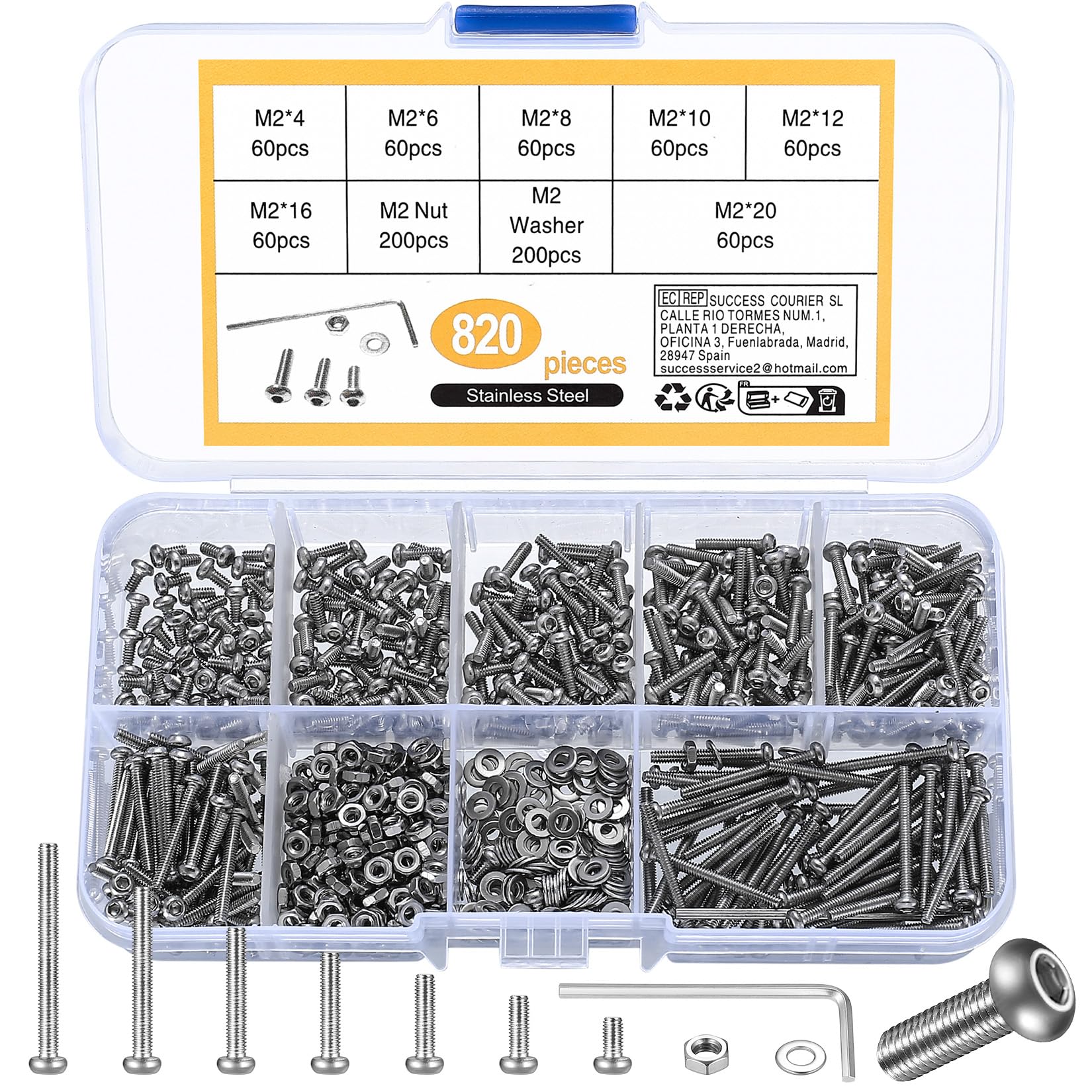 410 Stück M2 Senkkopf-Innensechskantschrauben, 10,9-Kohlenstoffstahl Vollgewinde-Maschinenschrauben, Muttern und Unterlegscheiben Sortiment mit Inbusschlüsseln