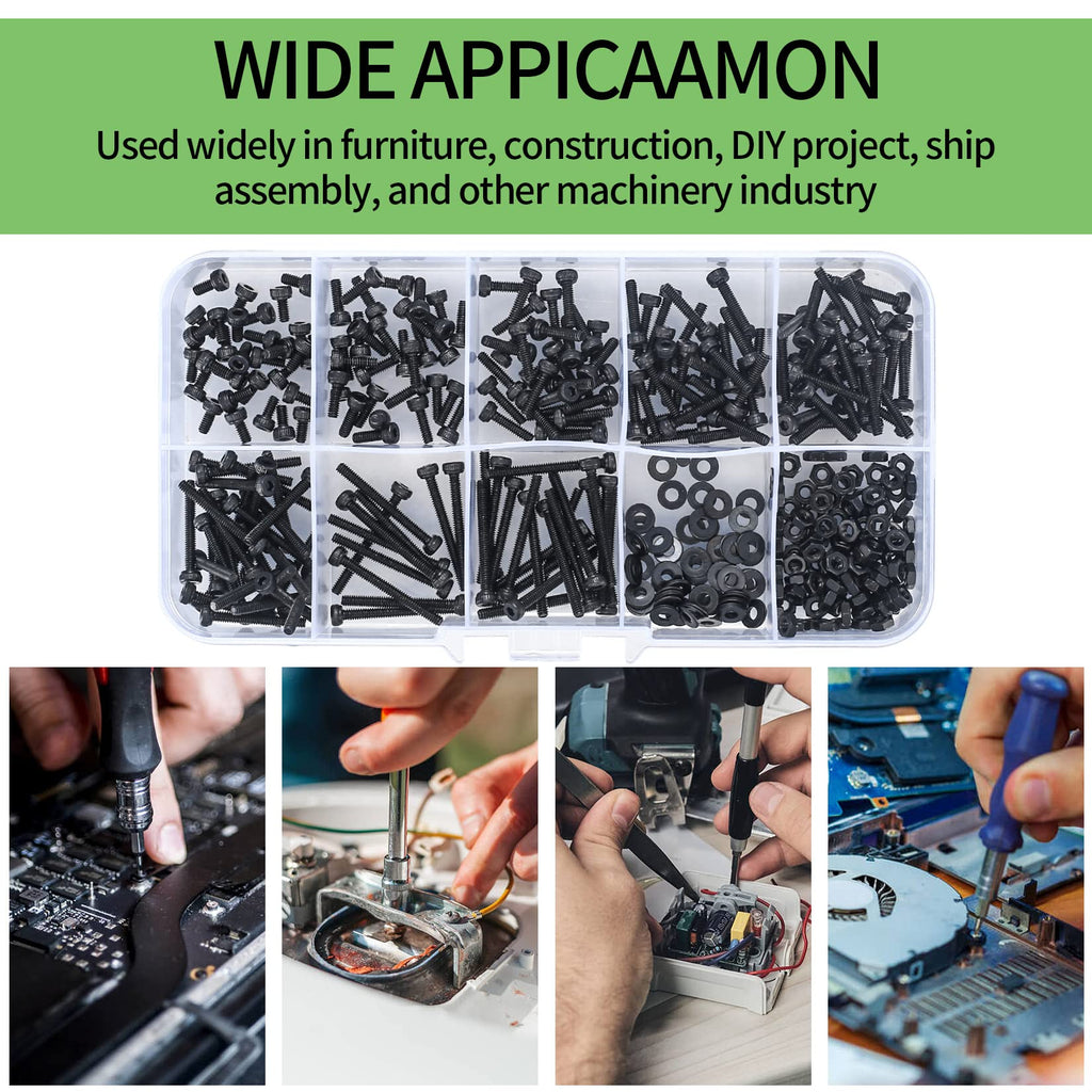 410 Stück M2 Senkkopf-Innensechskantschrauben, 10,9-Kohlenstoffstahl Vollgewinde-Maschinenschrauben, Muttern und Unterlegscheiben Sortiment mit Inbusschlüsseln