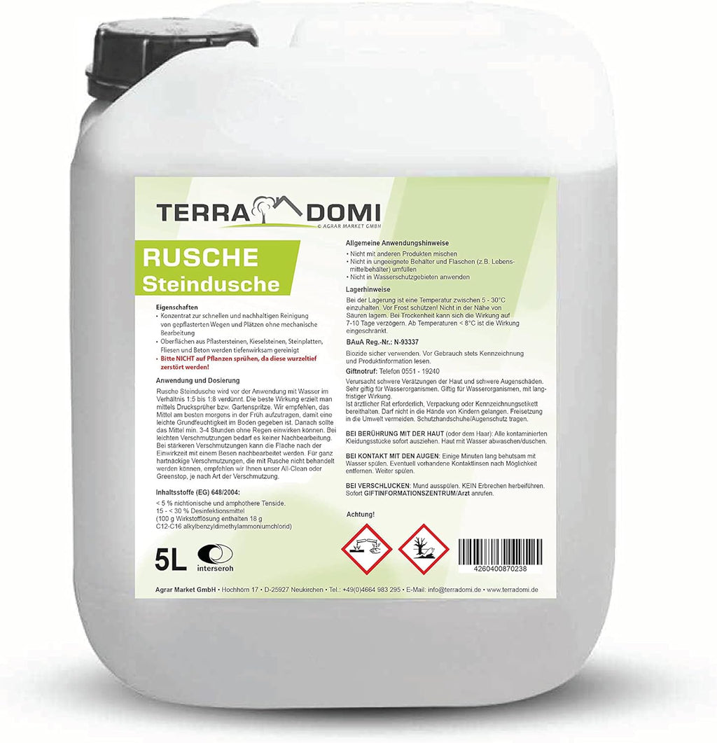 Terra Domi Rusche Steindusche, 5 L Konzentrat, Steinreiniger für bis zu 2000 m², Reinigungsmittel für saubere Wege & Plätze, Wegerein, biologisch abbaubar
