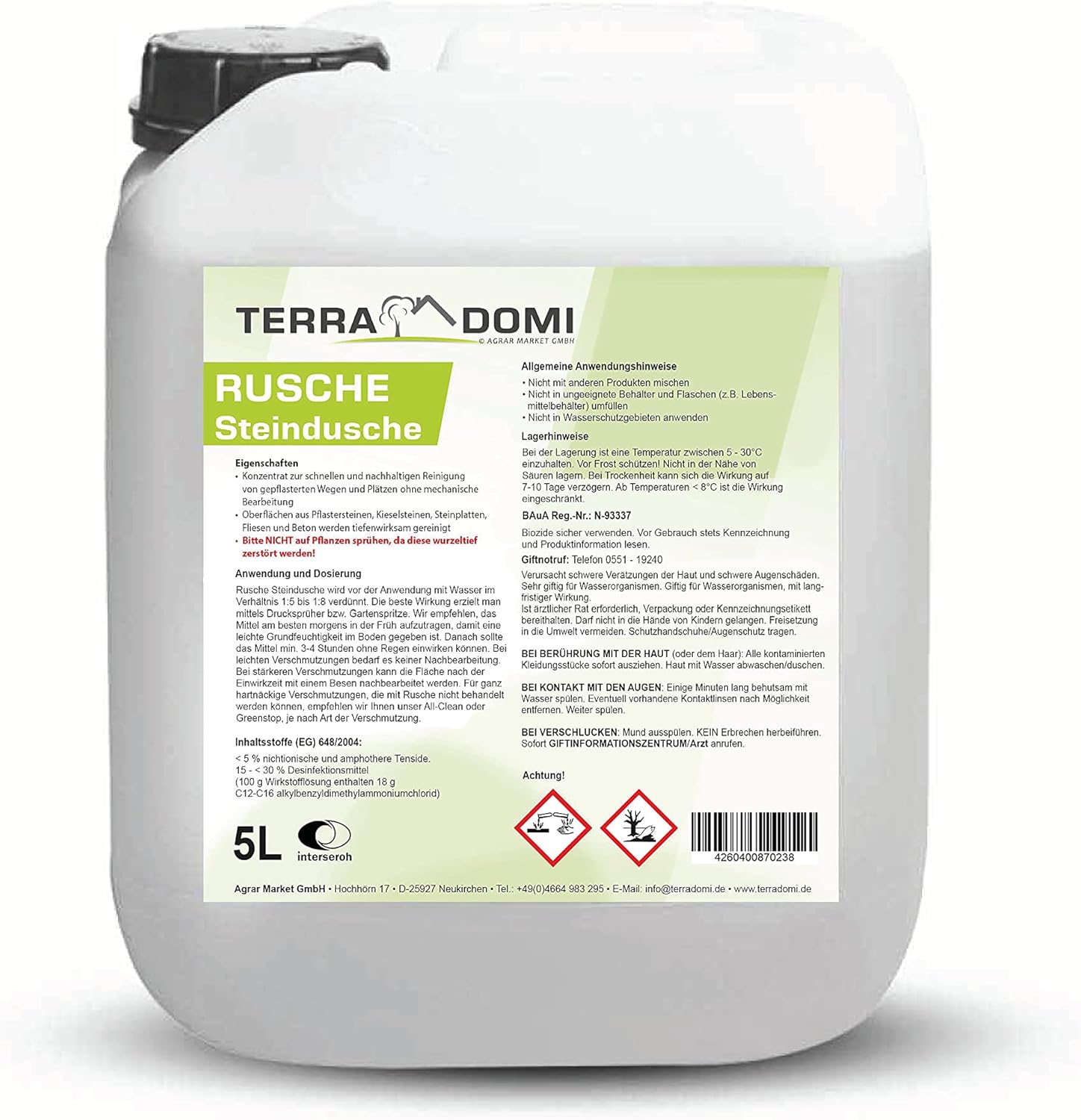 Terra Domi Rusche Steindusche, 5 L Konzentrat, Steinreiniger für bis zu 2000 m², Reinigungsmittel für saubere Wege & Plätze, Wegerein, biologisch abbaubar
