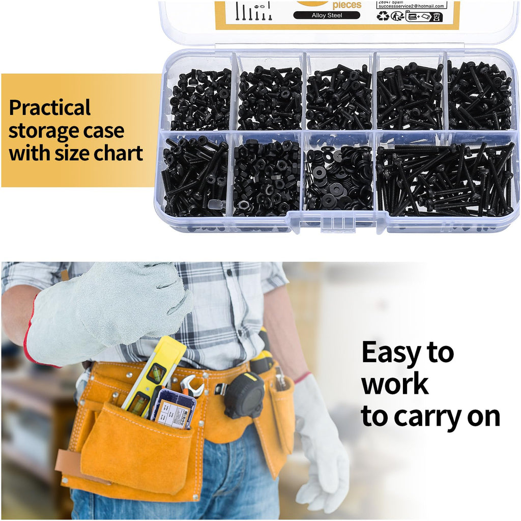 410 Stück M2 Senkkopf-Innensechskantschrauben, 10,9-Kohlenstoffstahl Vollgewinde-Maschinenschrauben, Muttern und Unterlegscheiben Sortiment mit Inbusschlüsseln