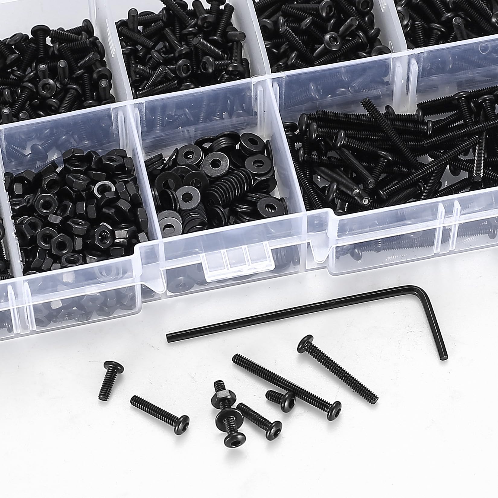 410 Stück M2 Senkkopf-Innensechskantschrauben, 10,9-Kohlenstoffstahl Vollgewinde-Maschinenschrauben, Muttern und Unterlegscheiben Sortiment mit Inbusschlüsseln