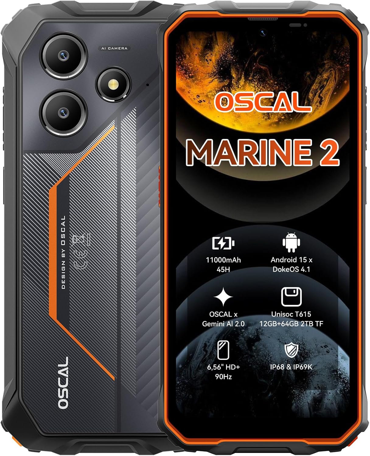 OSCAL Marine 2 Outdoor Handy Ohne Vertrag 2025, 11000mAh 12GB+64GB/2TB, Android 15 Outdoor Smartphone, 6.56" HD+ 90Hz, 16MP+8MP AI Kamera Baustellenhandy, IP69K Wasserdicht, Dual SIM 4G/NFC/OTG/GPS