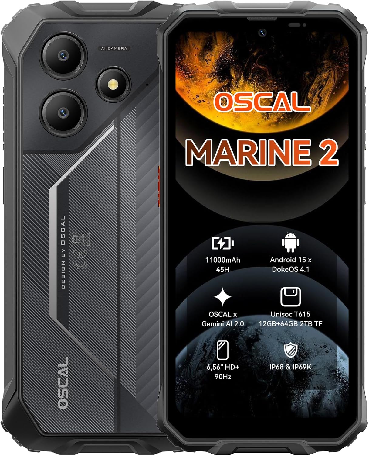 OSCAL Marine 2 Outdoor Handy Ohne Vertrag 2025, 11000mAh 12GB+64GB/2TB, Android 15 Outdoor Smartphone, 6.56" HD+ 90Hz, 16MP+8MP AI Kamera Baustellenhandy, IP69K Wasserdicht, Dual SIM 4G/NFC/OTG/GPS