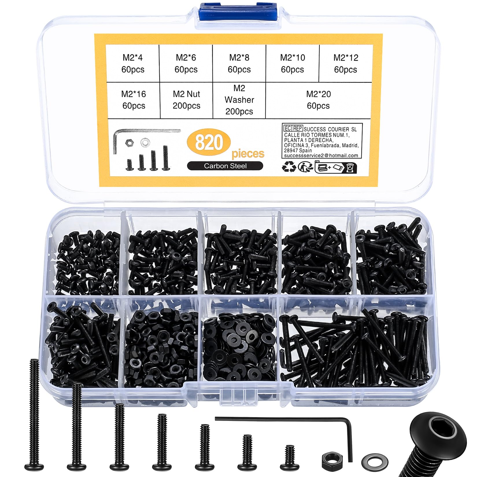 410 Stück M2 Senkkopf-Innensechskantschrauben, 10,9-Kohlenstoffstahl Vollgewinde-Maschinenschrauben, Muttern und Unterlegscheiben Sortiment mit Inbusschlüsseln