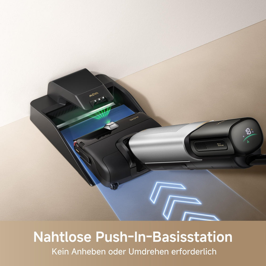 Mova X4 Pro Nass-Trocken-Sauger 20.000 Pa, Heißwasser-Wischfunktion, Tangle-Free, Selbstreinigung bei 100 °C, Push-In-Basisstation, LED-Bürstenkopf, Doppelkante, intelligente Saugkraftregelung