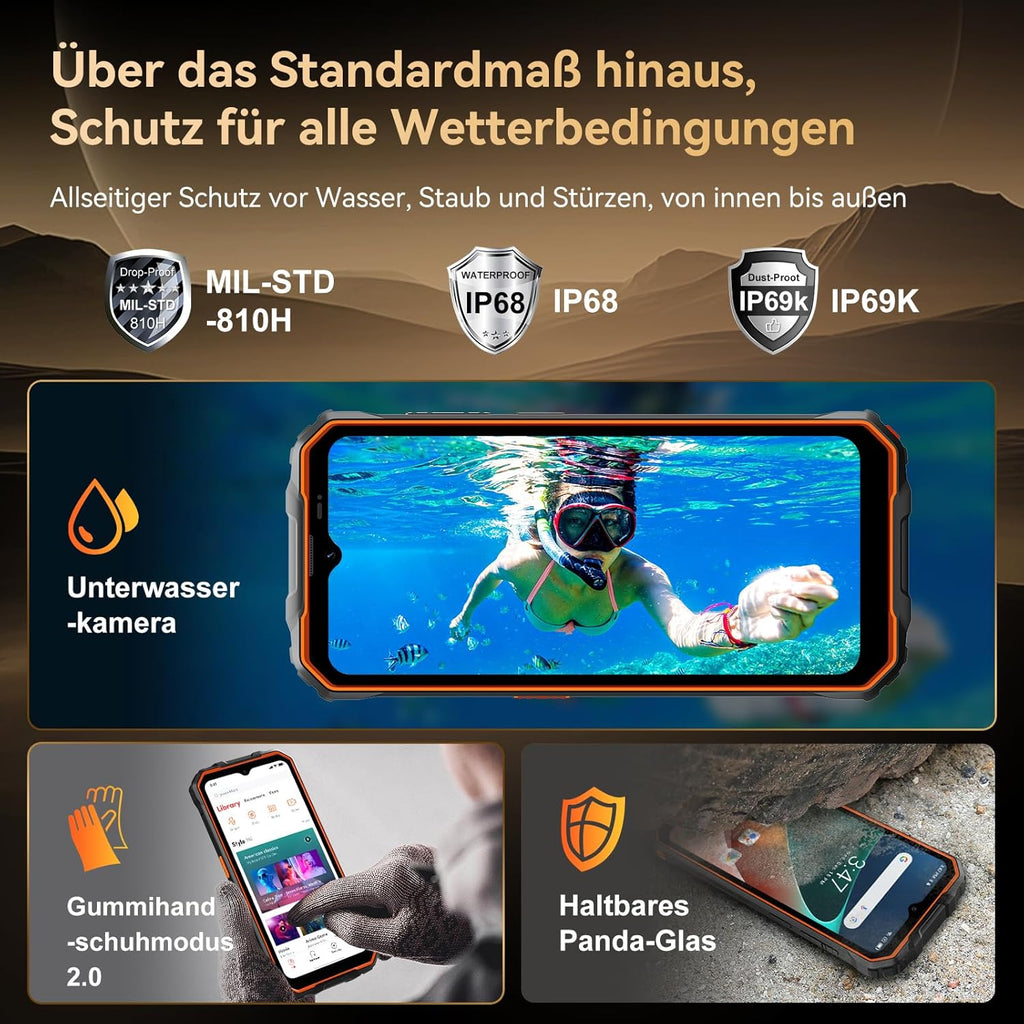 OSCAL Marine 2 Outdoor Handy Ohne Vertrag 2025, 11000mAh 12GB+64GB/2TB, Android 15 Outdoor Smartphone, 6.56" HD+ 90Hz, 16MP+8MP AI Kamera Baustellenhandy, IP69K Wasserdicht, Dual SIM 4G/NFC/OTG/GPS