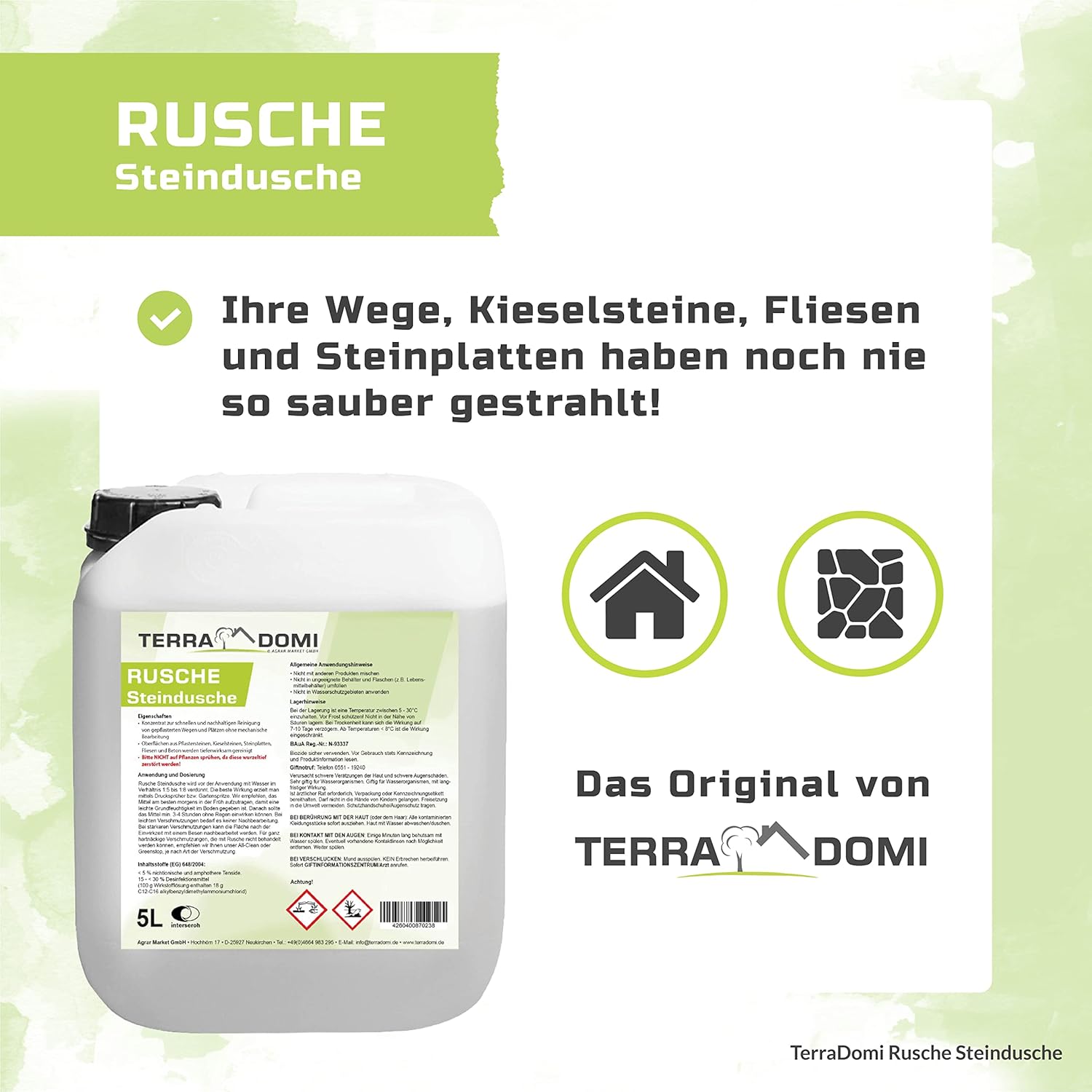 Terra Domi Rusche Steindusche, 5 L Konzentrat, Steinreiniger für bis zu 2000 m², Reinigungsmittel für saubere Wege & Plätze, Wegerein, biologisch abbaubar