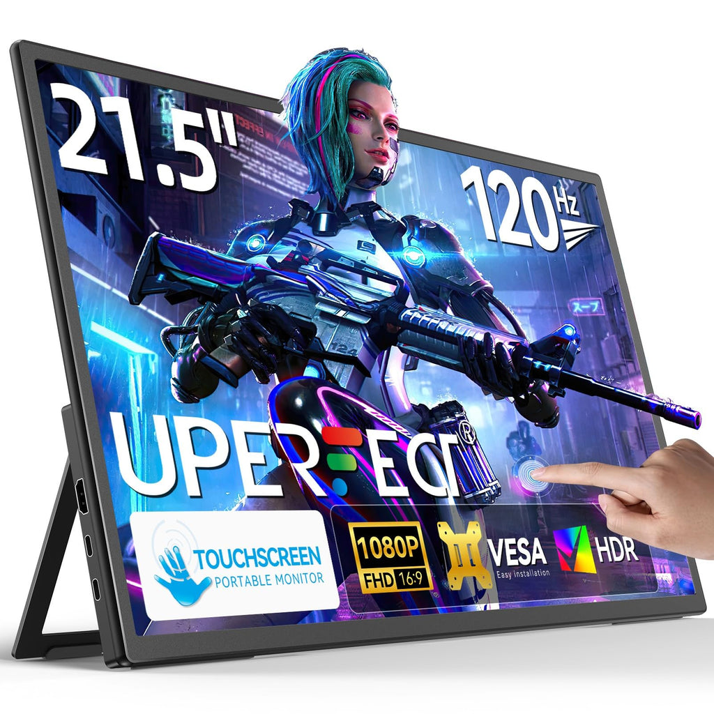 UPERFECT Portable Monitor Touchscreen 21.5 Zoll 120Hz Tragbarer Monitor Touchscreen 1300:1 1080P Bildschirm Integrierter Halterung HDMI USB C für PC Laptop Spielkonsole, Metallgehäuse VESA-Kompatibel