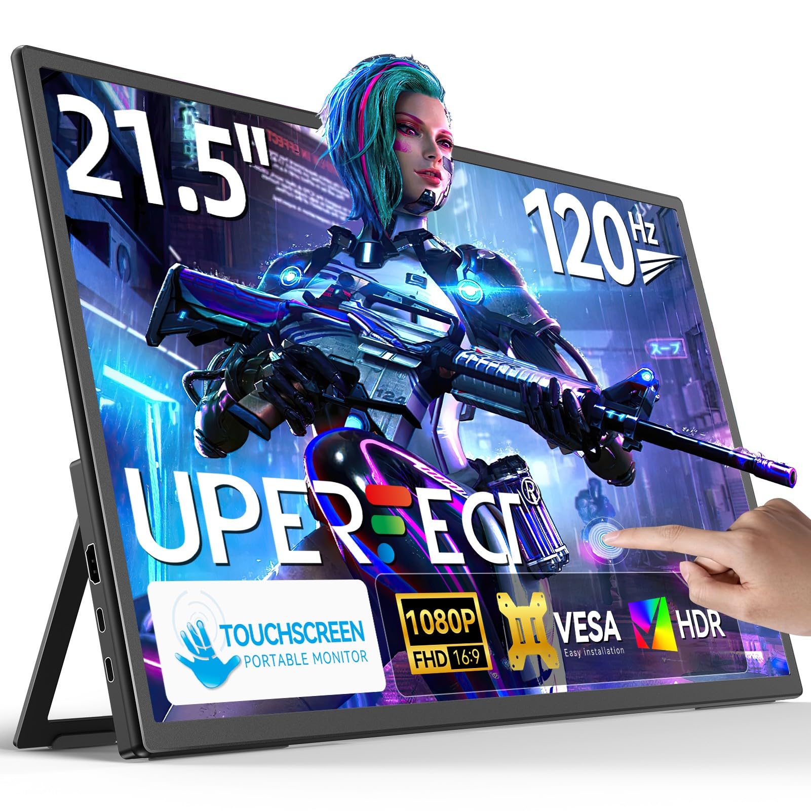 UPERFECT Portable Monitor Touchscreen 21.5 Zoll 120Hz Tragbarer Monitor Touchscreen 1300:1 1080P Bildschirm Integrierter Halterung HDMI USB C für PC Laptop Spielkonsole, Metallgehäuse VESA-Kompatibel