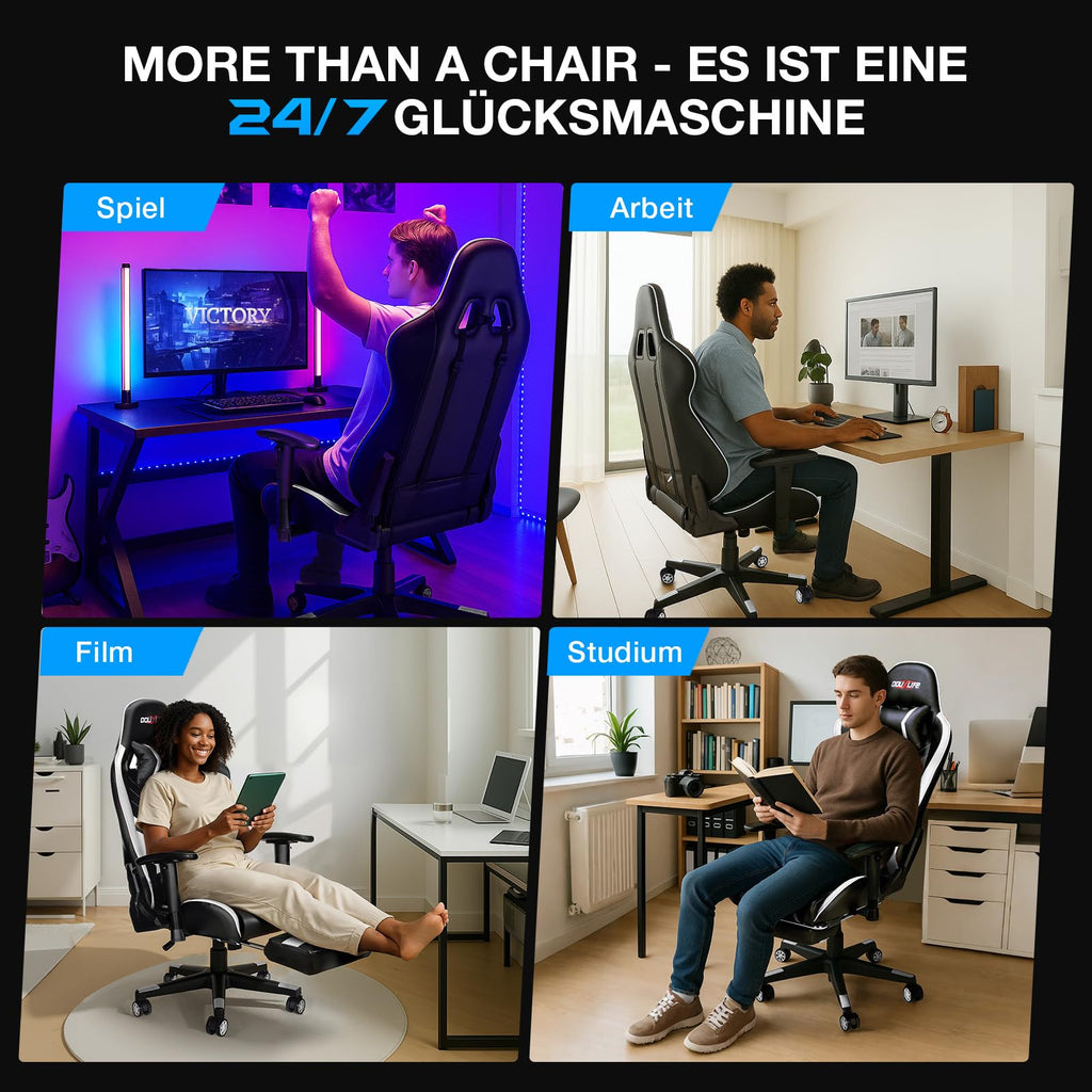 Douxlife Gaming Stuhl, mit 7 Punkt Massage, Fußstütze, Ergonomischer 180KG Bürostuhl, 90-175° Rückenlehne Einstellbar, Verstellbare Armlehne, Schreibtischstuh für Erwachsener, Schwarz Weiß