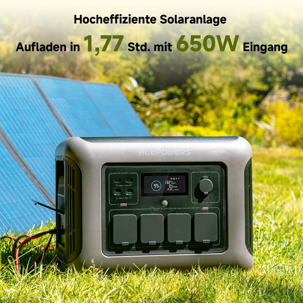 ALLPOWERS R1500 Tragbare Powerstation mit 200W Solarpanel, 1152Wh LiFePO4 Batterie mit 1800W AC Ausgang Solargenerator, 43dB Leise Betrieb Mobile Notstromversorgung für Garten Reise Camping Wohnmobil