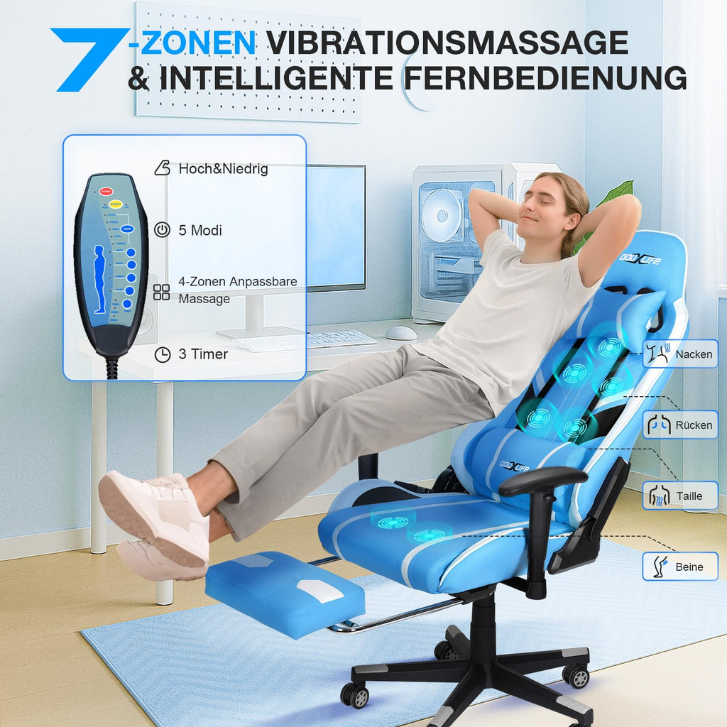 Douxlife Gaming Stuhl, mit 7 Punkt Massage, Fußstütze, Ergonomischer 180KG Bürostuhl, 90-175° Rückenlehne Einstellbar, Verstellbare Armlehne, Schreibtischstuh für Erwachsener, Schwarz Weiß