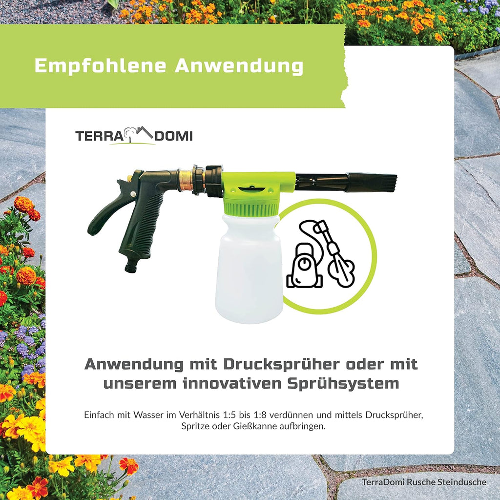 Terra Domi Rusche Steindusche, 5 L Konzentrat, Steinreiniger für bis zu 2000 m², Reinigungsmittel für saubere Wege & Plätze, Wegerein, biologisch abbaubar