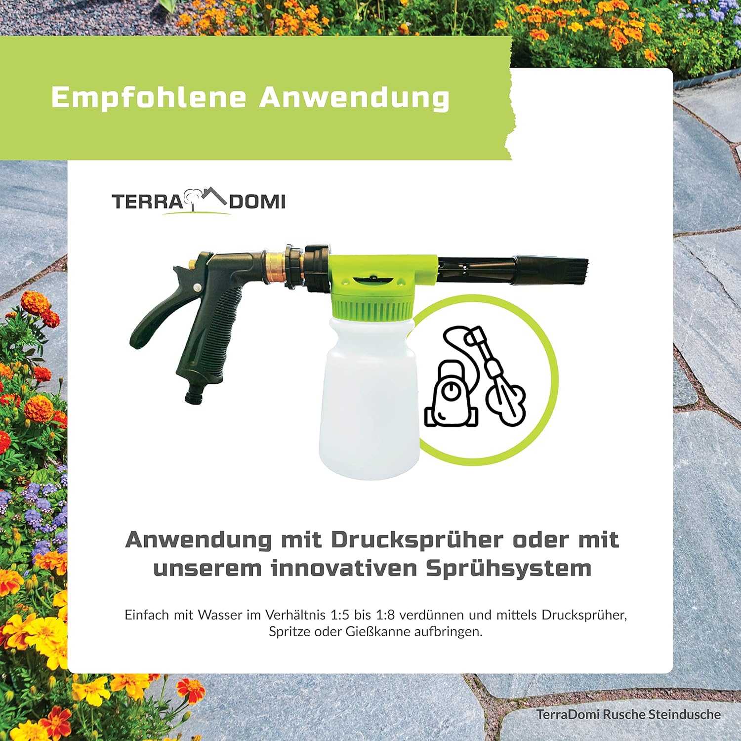 Terra Domi Rusche Steindusche, 5 L Konzentrat, Steinreiniger für bis zu 2000 m², Reinigungsmittel für saubere Wege & Plätze, Wegerein, biologisch abbaubar