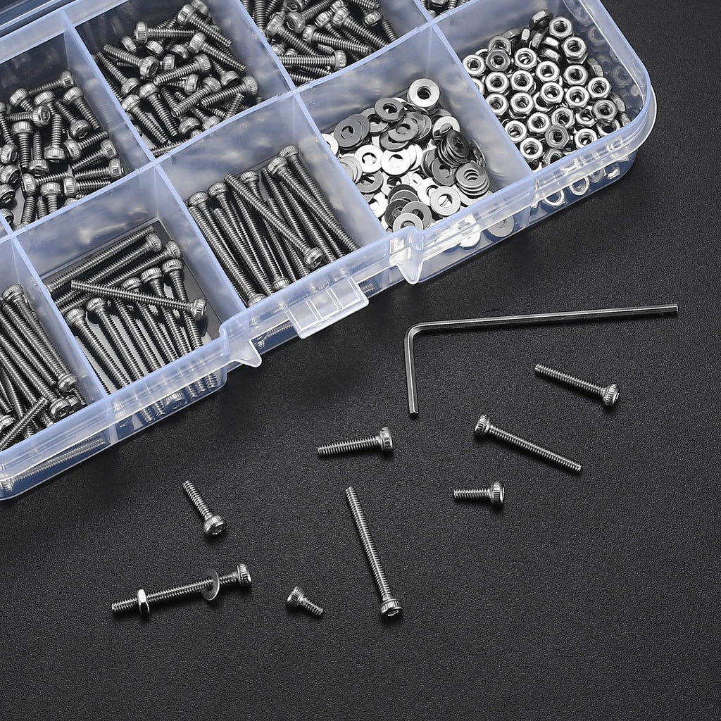 410 Stück M2 Senkkopf-Innensechskantschrauben, 10,9-Kohlenstoffstahl Vollgewinde-Maschinenschrauben, Muttern und Unterlegscheiben Sortiment mit Inbusschlüsseln